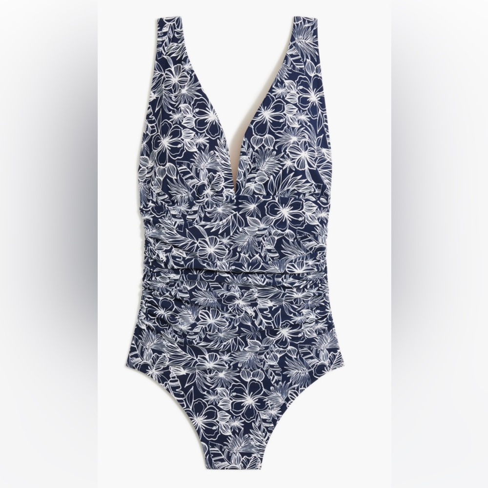 J. Crew V-Neck Ruched One Piece Swimsuit Blue Floral S NWT